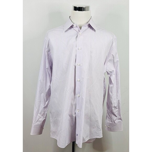 David Donahue 18.5 34/35 Trim Fit Dress Shirt Purple White Plaid 100% Cotton - Picture 2 of 5